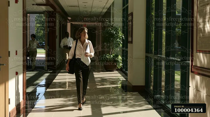 An executive woman walks through a well-lit office hallway holding work documents.