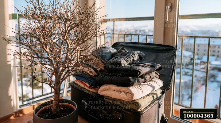 A suitcase is filled with packed clothes next to a small tree on a balcony.