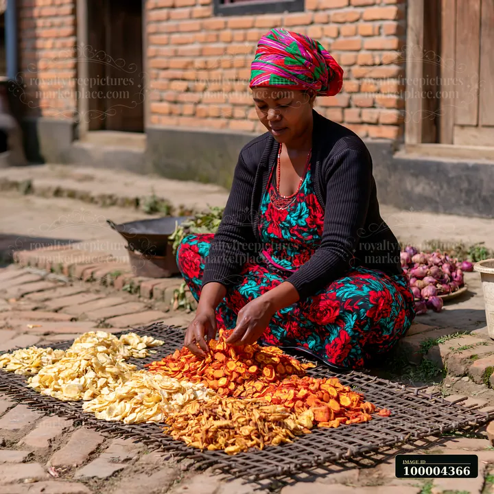 Woman in colorful cultural dress arranges sliced vegetables on a drying rack outdoors beside a brick house.