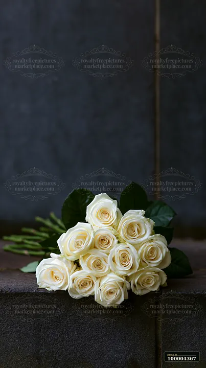 White rose bouquet on a dark stone surface with wide empty space above and beside the flowers.
