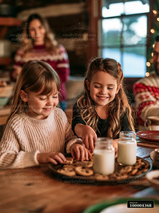 Two girls are placing cookies on a tray with glasses of milk in a cozy setting.