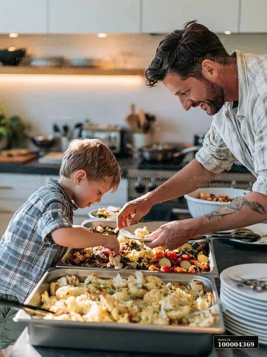 Father and child serving roasted vegetables from buffet trays in a bright home kitchen.