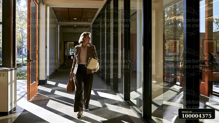 An executive woman walks through a modern office hallway, carrying work documents and a handbag.