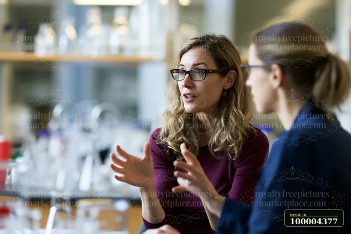 Businesswoman gestures while coaching an employee during a one-on-one meeting in a bright office.