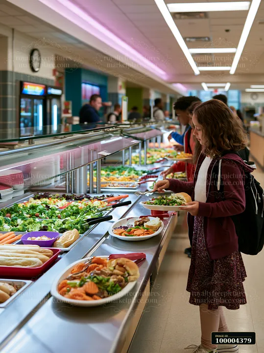 Student choosing vegetables and other foods from a school cafeteria buffet while holding a plate.