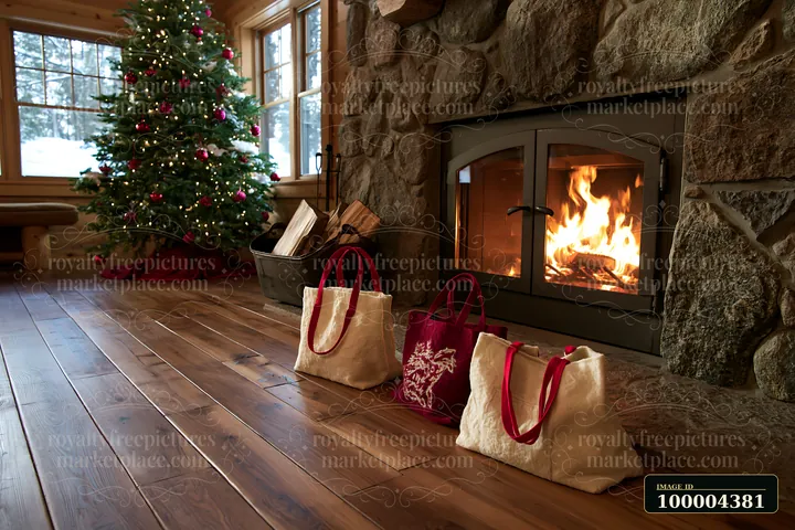 Holiday shopping bags sit beside a glowing stone fireplace in a cozy cabin with a decorated Christmas tree.