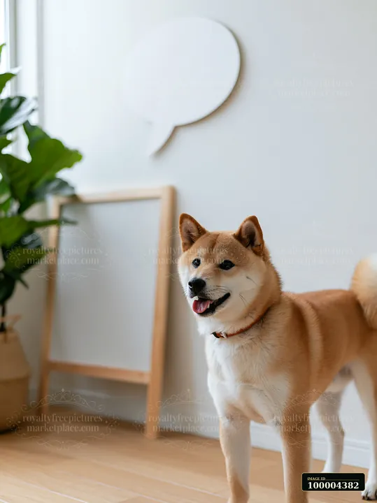 A shiba inu stands next to an empty speech bubble board in a light room.