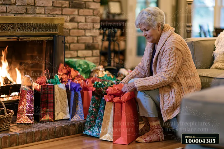 Older woman arranging colorful holiday shopping bags beside a lit brick fireplace in a cozy living room.