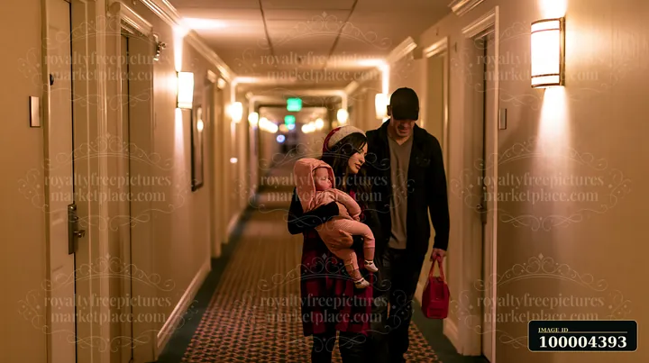 Mother carries a sleeping child while the father walks beside her through a warmly lit hotel hallway.