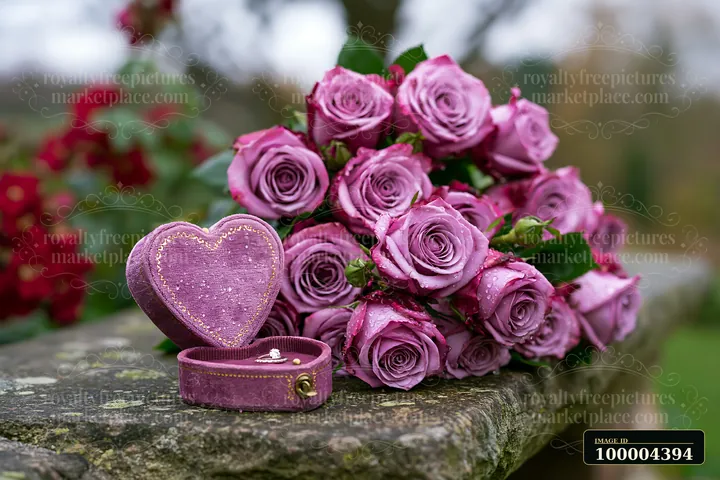 A heart-shaped ring box is placed next to a bouquet of pink roses on a stone surface.