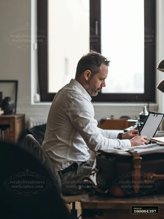 Businessman writes in a notebook at a desk beside a bright window in a home office.