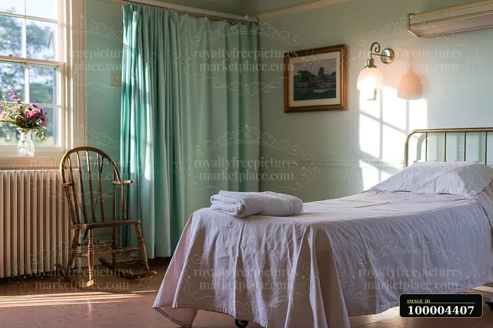 An empty bed in a hospice room features a neatly made white bed with a towel.