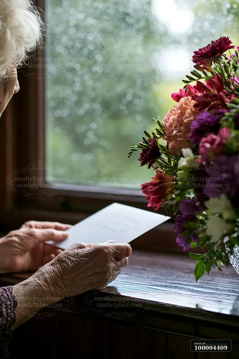 Elderly hands hold a white card beside a colorful flower arrangement near a sunlit window.