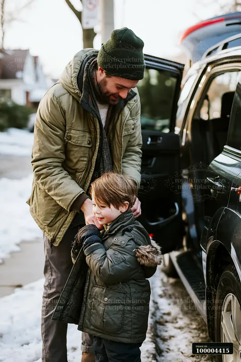 A father assists his son in putting on a coat while preparing for a winter holiday road trip.