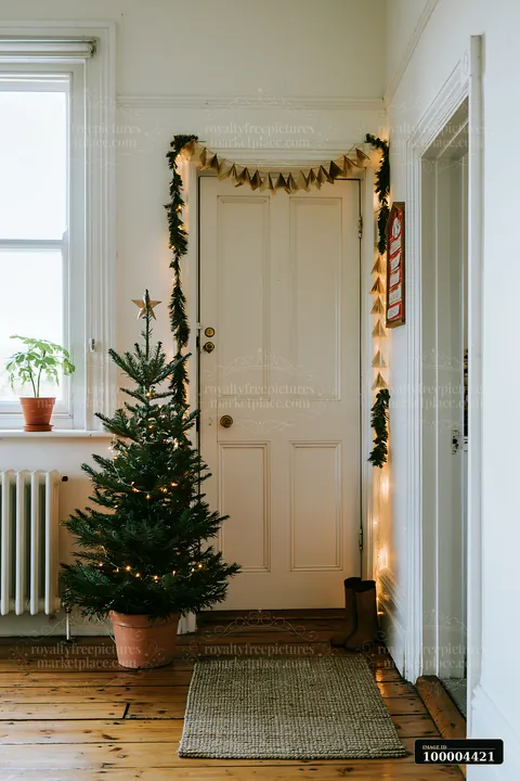 Small apartment entryway decorated for holidays with a lit Christmas tree, garland, and paper bunting.