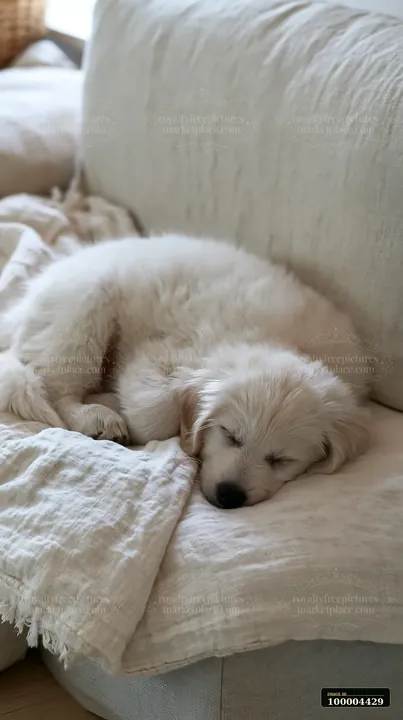 Two fluffy puppies sleep on a textured linen blanket on a softly lit couch.