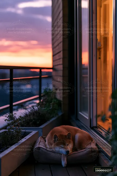 Shiba inu relaxing on a balcony pet bed at sunset, with soft light reflecting off the glass and colorful sky above.