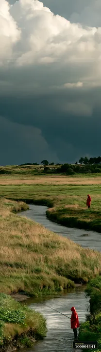 Two people fish in a winding stream across a seaside meadow beneath dramatic storm clouds.
