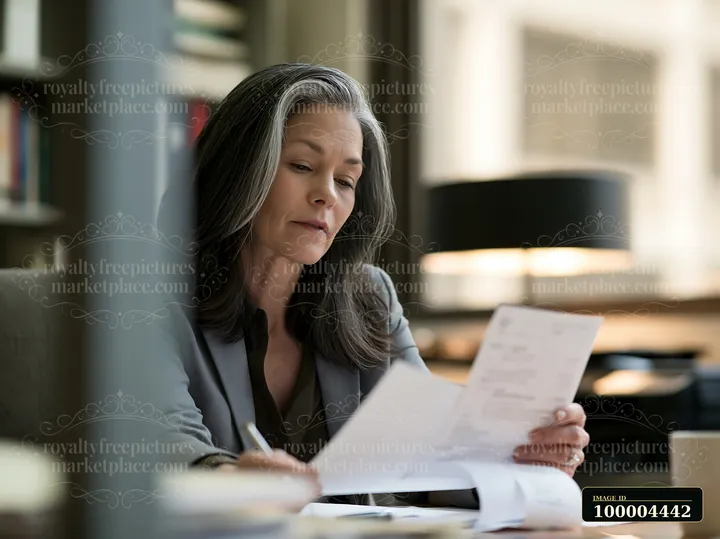 An executive woman sits at a desk in a quiet office, focused on reviewing paperwork while taking notes.