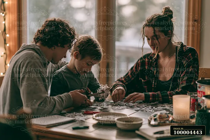 A family sits around a table creating paper snowflakes together in a cozy home.