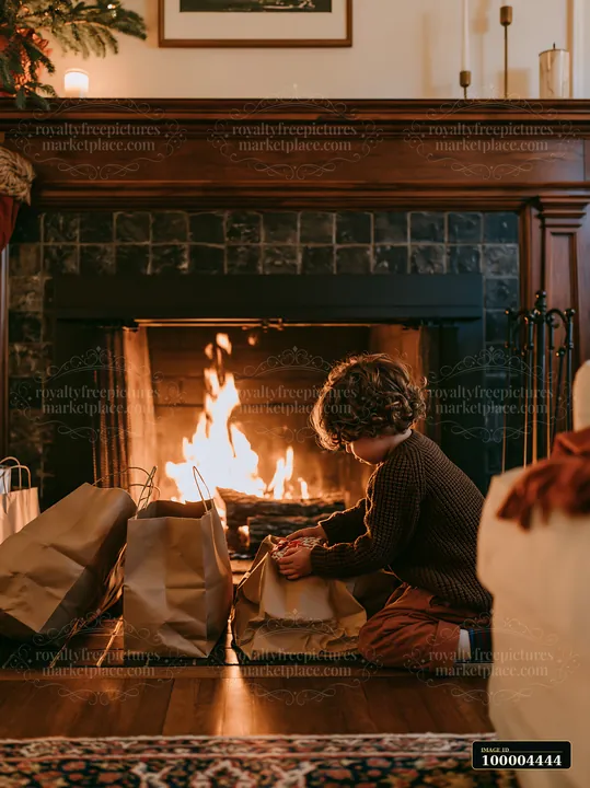 A child is sitting on the floor near a fireplace, unwrapping gifts.
