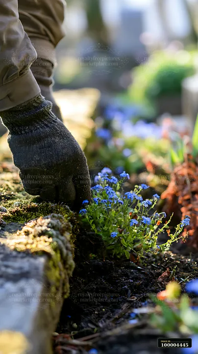 A gardener removes weeds and cares for small flowers in a graveyard.