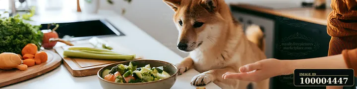Shiba Inu looking at a bowl of fresh vegetables on a kitchen counter while a person reaches toward it.