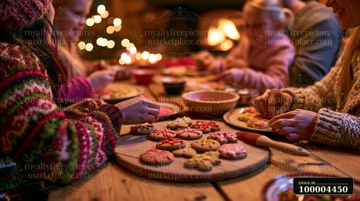 Family members decorate iced cookies together around a warmly lit wooden table.