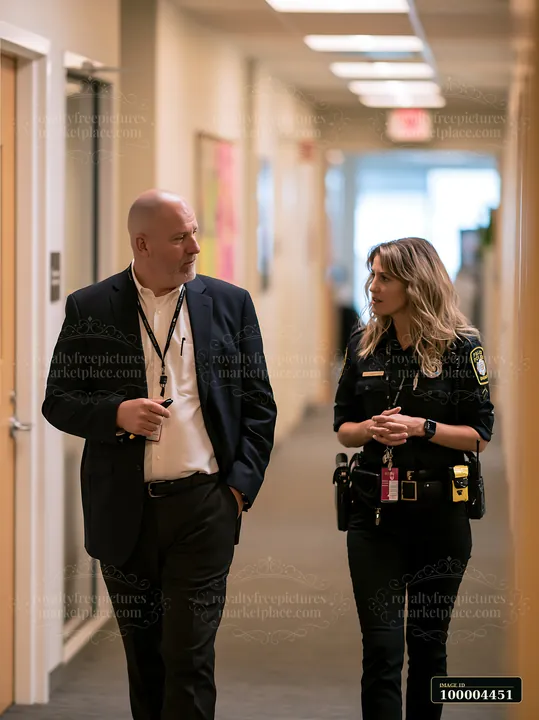 Uniformed police officer and suited colleague converse while walking through a brightly lit institutional hallway.