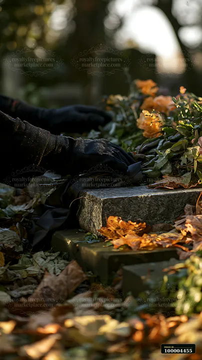 A person in black gloves places a mourning ribbon on a grave surrounded by autumn leaves and flowers.