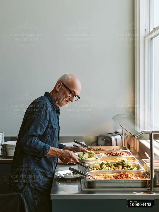 A man picks food from a buffet in a bright office with large windows.