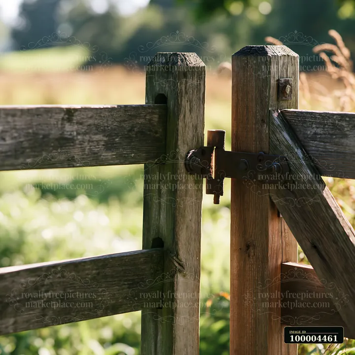 Close-up of a weathered wooden farm gate and metal latch with a sunlit green meadow blurred behind it.