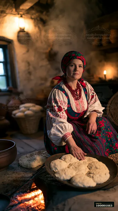 A woman in traditional regional dress prepares homemade bread in a rustic kitchen.