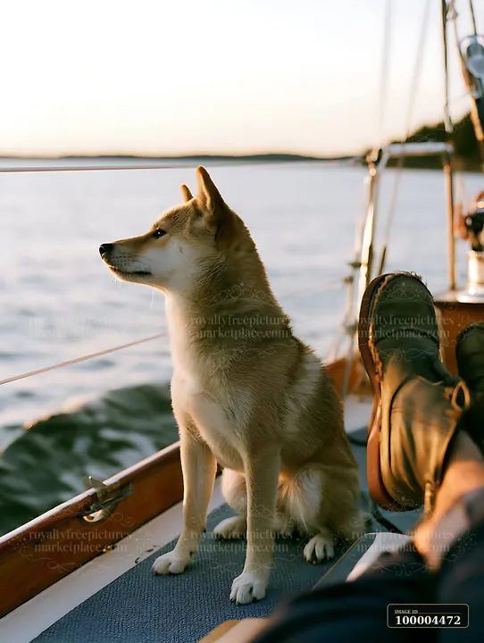 A shiba inu is sitting on a yacht deck, overlooking the water at sunset.