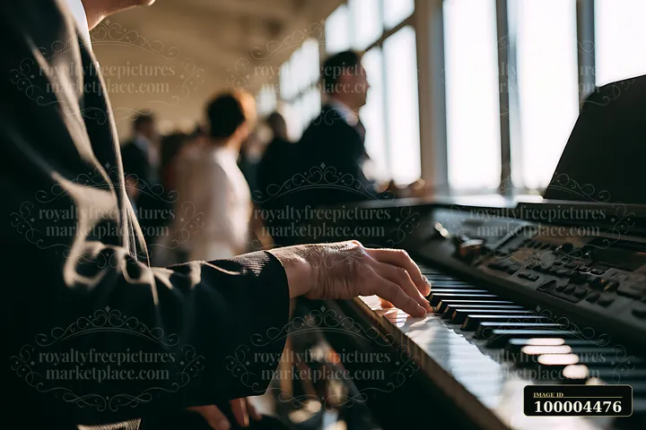 Organist’s hands play an electronic keyboard during a wedding ceremony with the couple and guests blurred in the background.