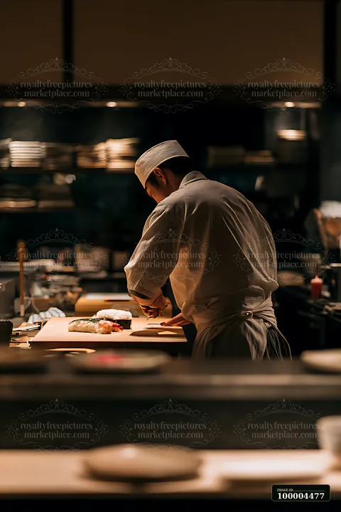 A sushi chef is focused on preparing dishes at a counter in a restaurant kitchen.