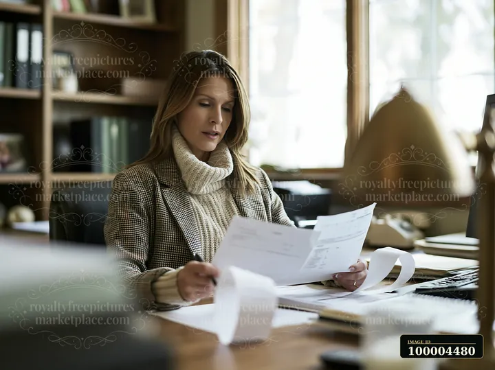 Woman reviews paperwork at a desk in a quiet office with bookshelves and daylight.