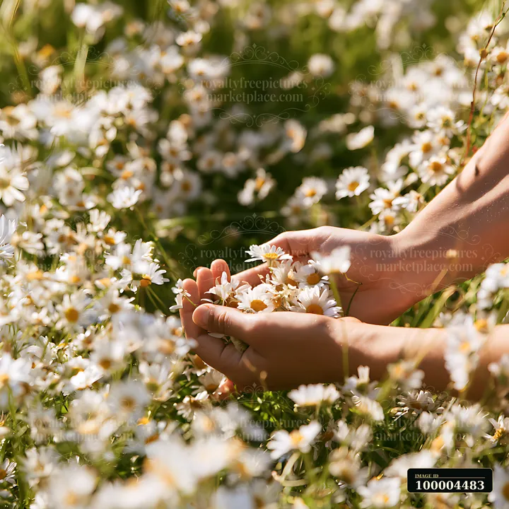 Hands gather white daisies in a sunlit wildflower meadow surrounded by soft-focus flowers.