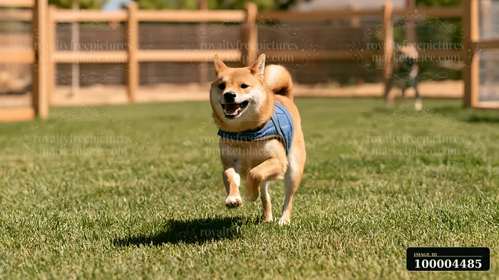 A Shiba Inu runs energetically in a fenced yard wearing a cooling vest.