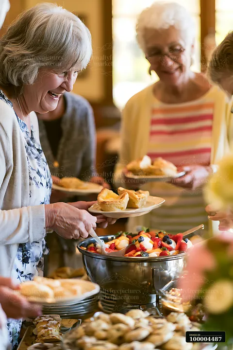 Older adults serve pastries beside a fruit salad buffet at a warmly lit indoor celebration.
