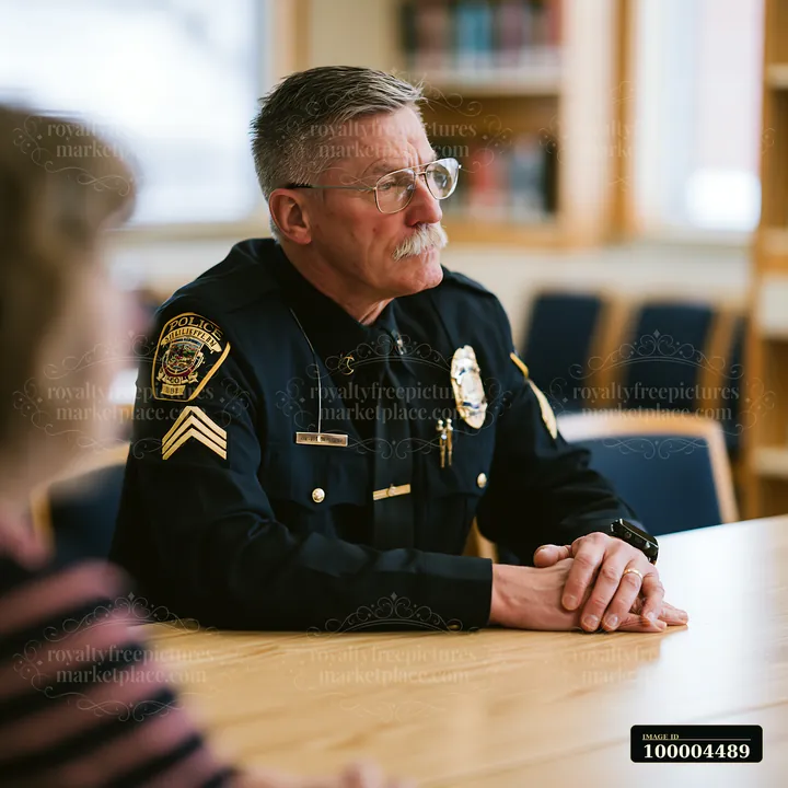 A police chief listens attentively during a community meeting in a library.