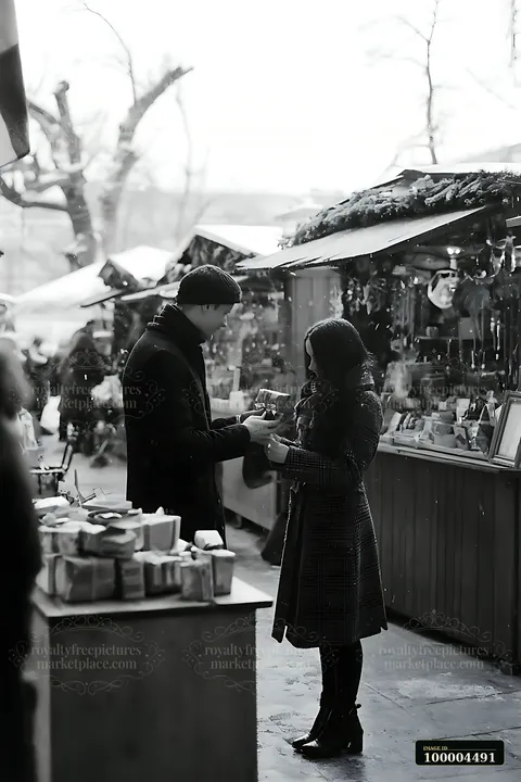 Two siblings stand at a market during winter, exchanging gifts with smiles.