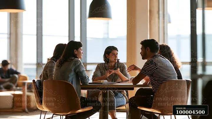 A group of people is discussing ideas around a table in a shared coworking space.
