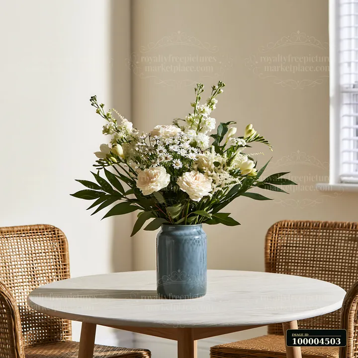 A blue ceramic vase holds mixed flowers, placed on a round table in a bright dining room.