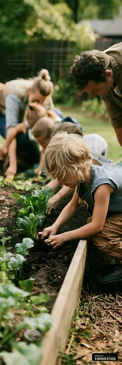 A family is planting vegetables in their backyard garden.