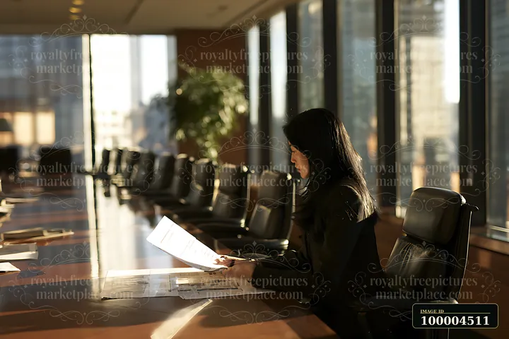 Businesswoman reviews documents at a conference table in a sunlit office meeting room.