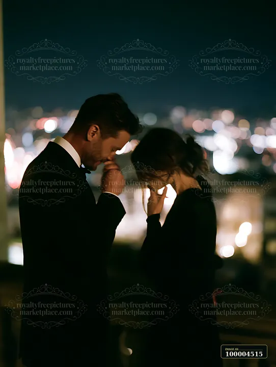 Man in formalwear gently kisses a woman's hand outdoors at night against blurred city lights.
