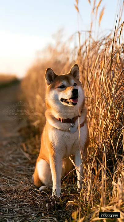 A Shiba Inu sits among tall grasses, enjoying golden hour light.