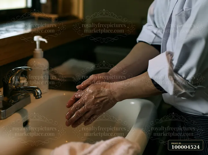 Sushi chef washes hands at a restaurant sink beside a soap dispenser before food preparation.