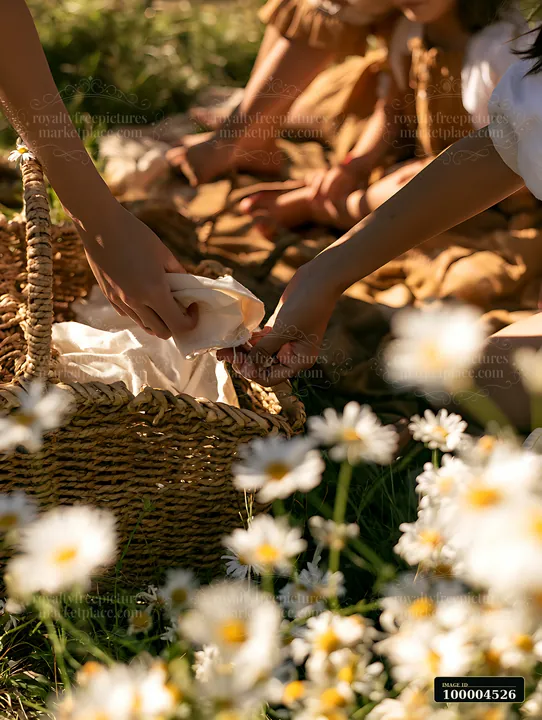 Two hands reach into a handwoven basket surrounded by meadow flowers.